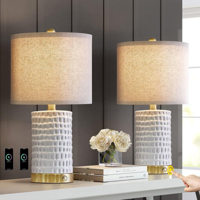 19"" Farmhouse 3-Way Dimmable Touch Table Lamp Set Of 2 For Bedroom White Bedside Lamps With USB A+C Charging Ports For Living Room Nightstand Lamp End -  Mercer41, FD40244E9A014B059953AA662B2DAAB0