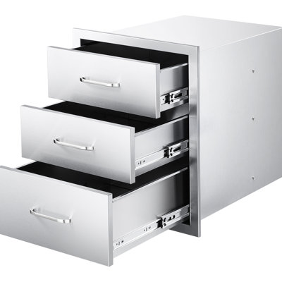 Tiroirs extérieurs en acier inoxydable pour barbecue l 18,11 po x P 23,23 po, H 23,23 po, conception à trois accès pour gril de patio, rails coulissants lisses, glissières à roulement à 3 sections, coins arrondis