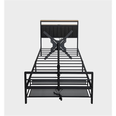 Lit de jeu simple avec support pour téléviseur rotatif convenant aux téléviseurs de 65 pouces et au cadre en maille métallique, avec rangement pour console ventilée, lit en fer avec DEL et carte électrique