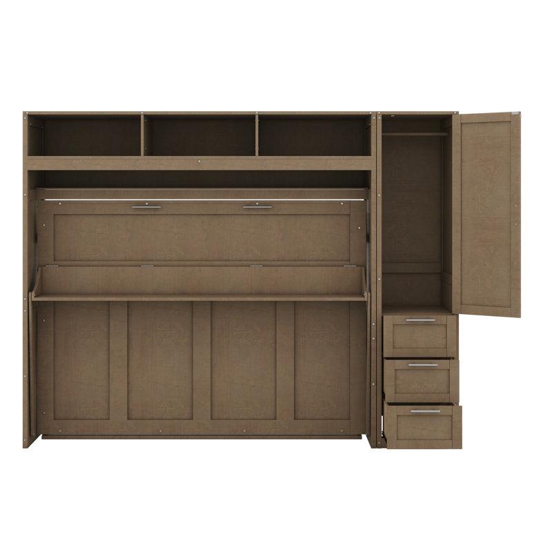 Lit escamotable avec garde-robe, tiroirs et tablettes ouvertes Murphy