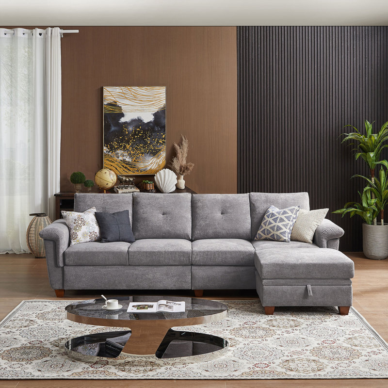 Lavaeh 108.66" Modern 4 Seaters Sectional Sofa with Hidden Coffee Table and Large Storage Space, Ash Fabric