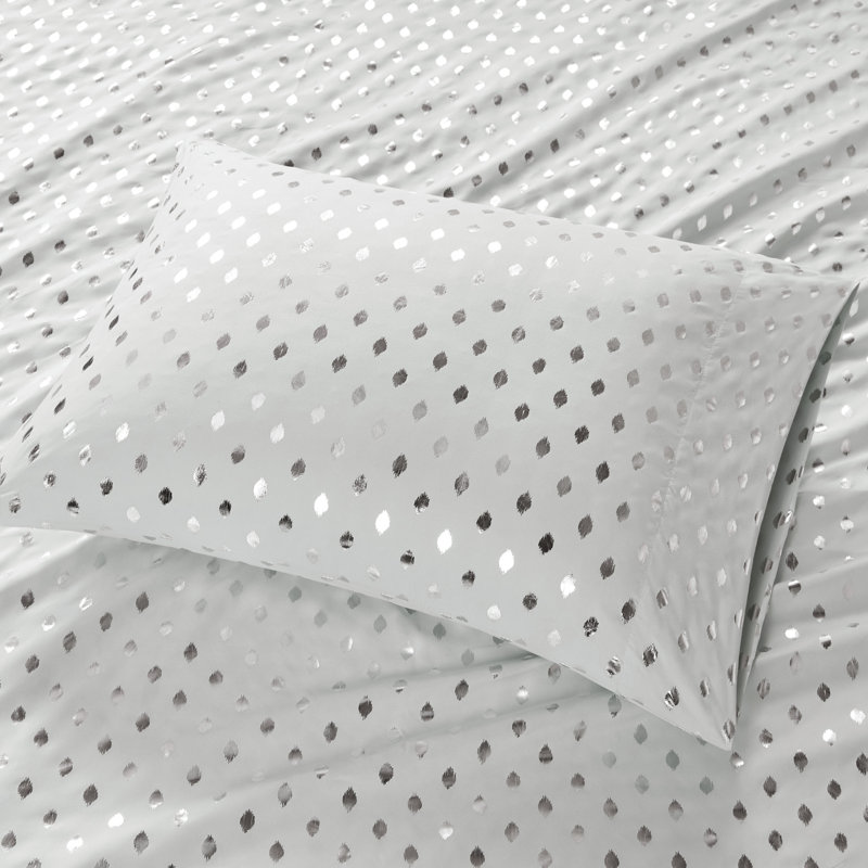 Metallic Polka Dot Printed Sheet Set, Full Sheet Set + 1 Fitted Sheet + 2 Pillowcases, Gray/Silver
