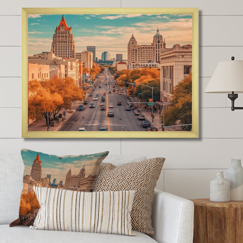 Austin Austin, paysage urbain dynamique I, H 24 po x l 32 po x P 1 po, Encadrement doré