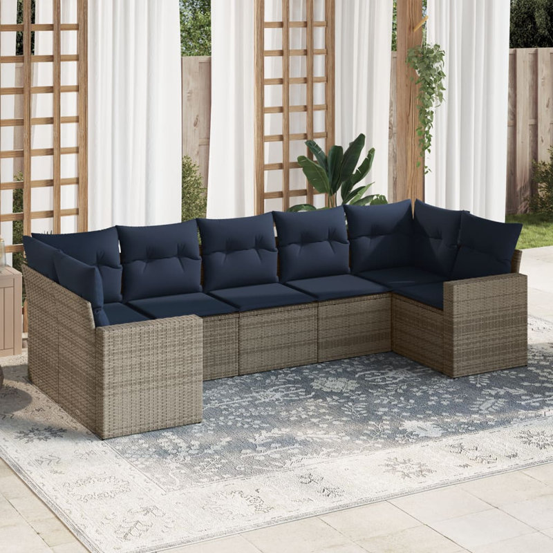 Ensemble de canapé de patio 7 pièces avec coussins pour l'extérieur, Marine, Gris