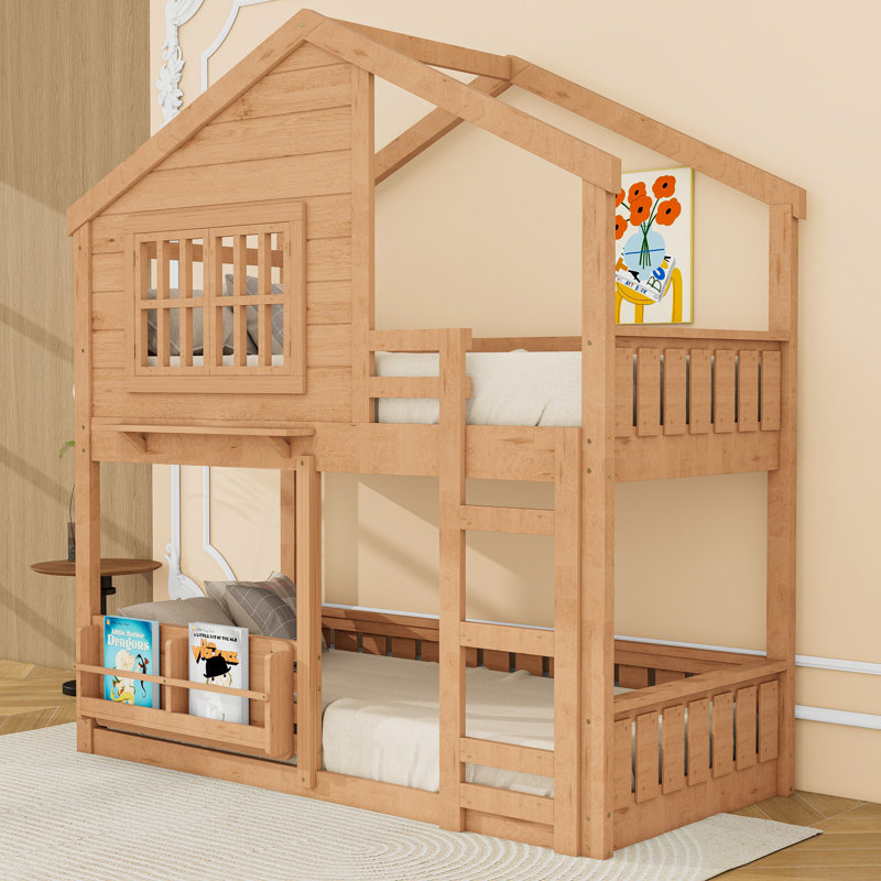 Wood House Bunk Bed with Ladder, Twin Over Twin
