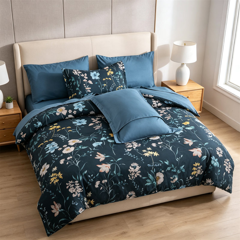 Ensemble d'édredon botanique bleu sarcelle 7 pièces dans un sac avec draps et taies décoratives
