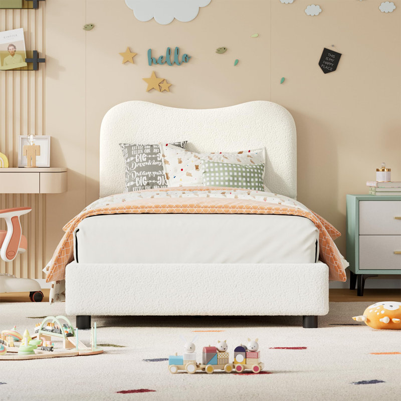 Twin Kids Bed Frame with Upholstered Boucle Headboard, Soft Low Profile Platform for Girls & Boys, White