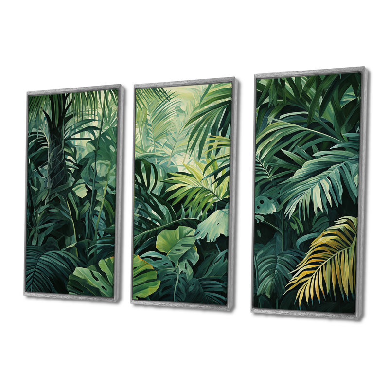 Jade, jungle épaisse, jungle de palmiers II, H 28 po x l 36 po, Encadrement argenté