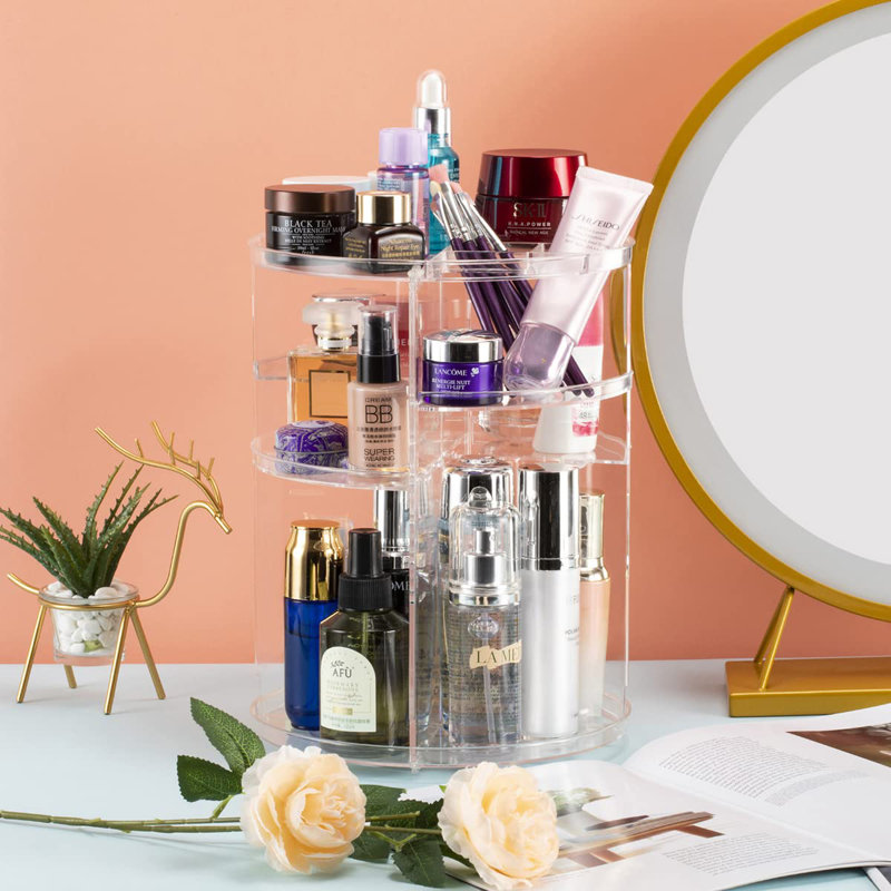 Multifunctional 360° Rotating Cosmetic Display Box With Brush Holder Perfume Tray, Transparent