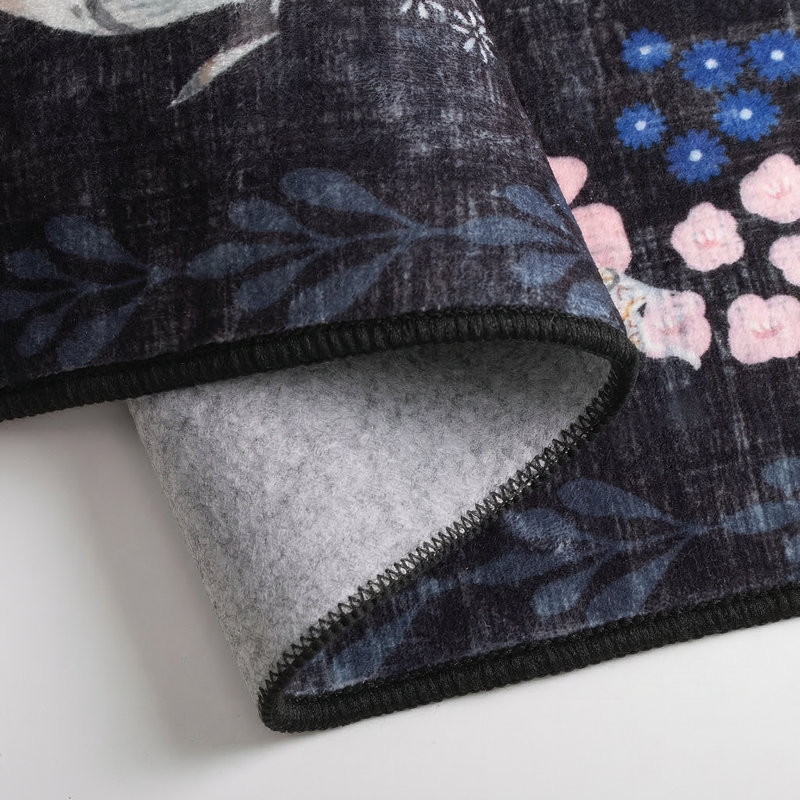 Tapis d'intérieur noir à motif floral lavable, Rectangulaire 8 pi x 10 pi