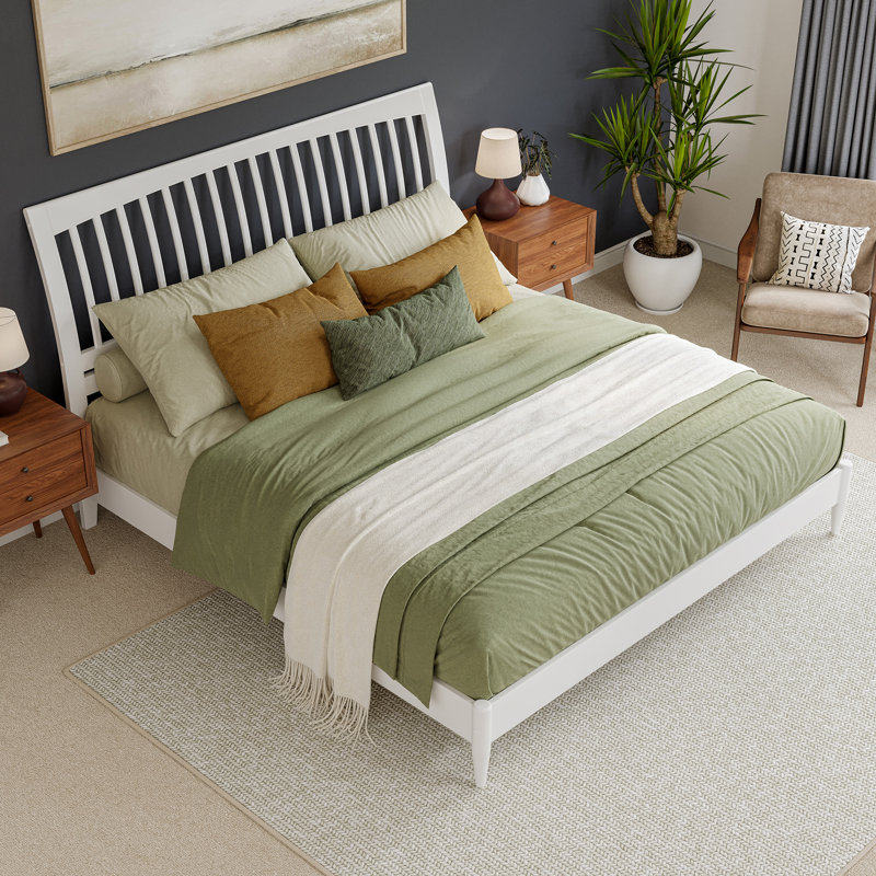 Ambie Low Profile Solid Wood Slatted Spindle Sleigh Bed, White, King