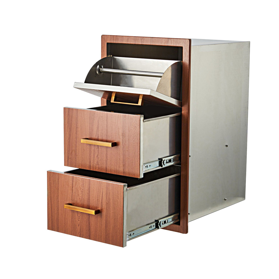 Outdoor Kitchen Drawers 17" W x 30" H x 21" D, Flush Mount Triple BBQ Drawers with Stainless Steel Handle, Paper Towel Holder Combo for BBQ Island, Pa