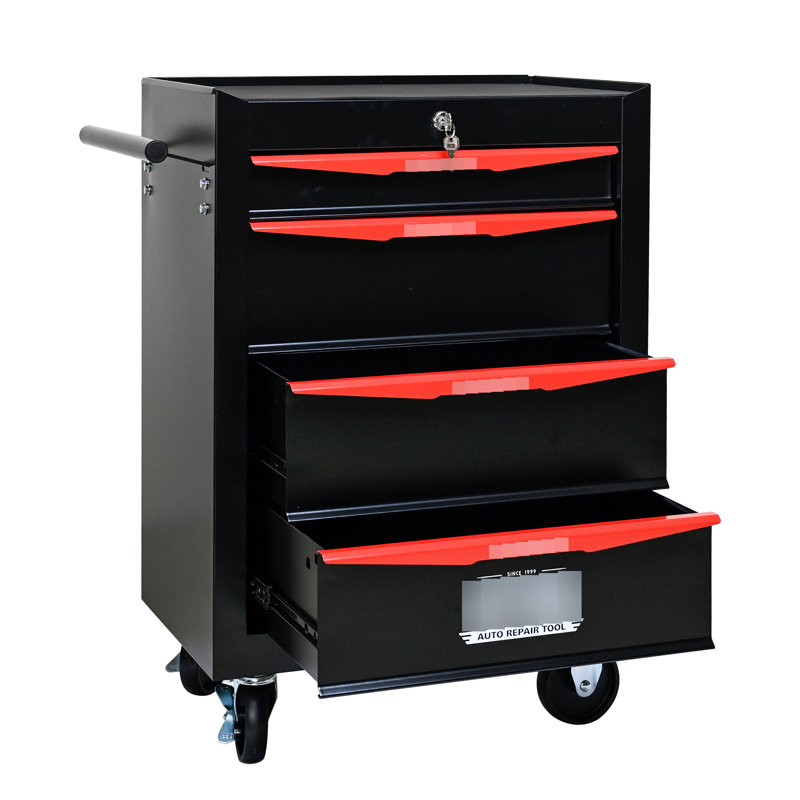 20" Rolling Tool Storage Cabinet With 4 Drawers - Bearing Slides, Steel Black&Red, , Lock Protection Metal 4 Chest Slide Cabinet, Steel, Extra For Tools