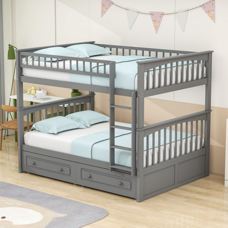 Lit superposé double au-dessus de double avec conception convertible, garde-corps et tiroirs de rangement, Gris