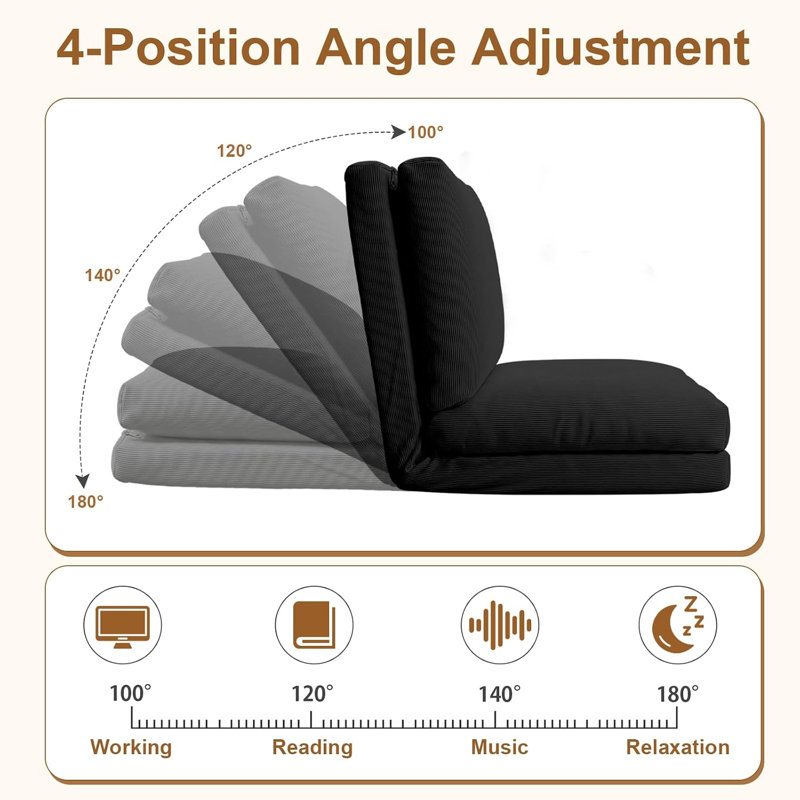 HDHNBA 3 In 1 Foldable Sofa Bed Adjustable Backrest Corduroy Fabric High Density Foam Multi Purpose Floor Couch, Black