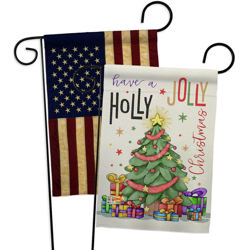 Drapeau de jardin 2 côtés en polyester 19" x 13" à impressions de noël jolly 2 pièces holly