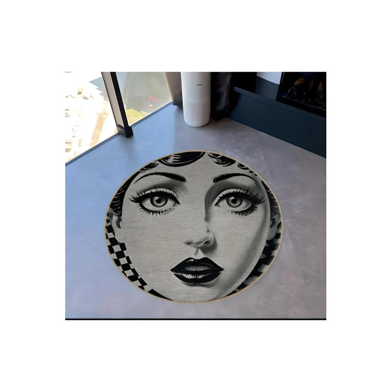Checkerboard And Women Patterned Woven  Washable Carpet, Round 3'4"
