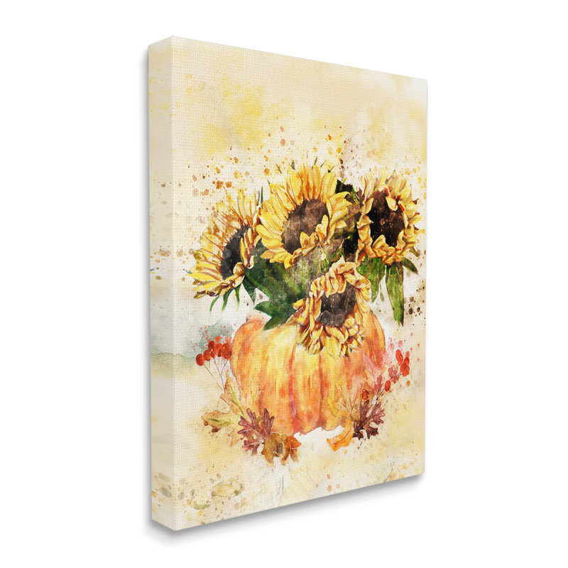Récolte de citrouilles, tournesols et feuilles d'automne rouges et orange par Ziwei Li - Peinture, H 20 po x l 16 po