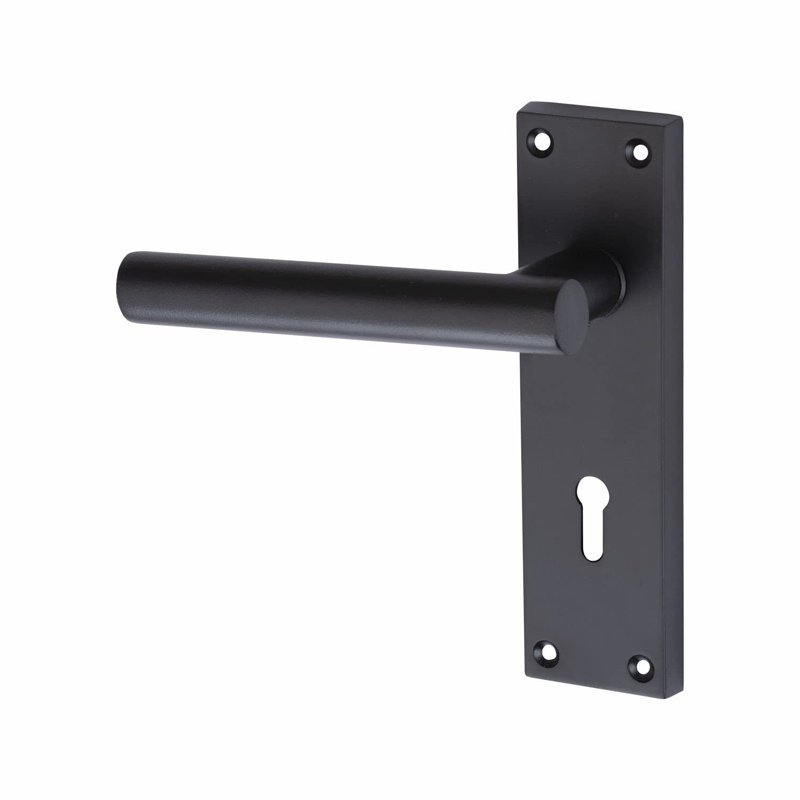  T-Bar Door Handles Set on Lever Backplate in Matt Black Finish Complete with Latch, Lock and 1 Pair of 3" Ball Bearing Hinges