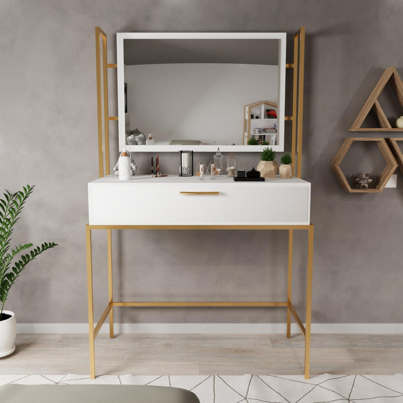 Aliona Dressing Table with Mirror, White/Gold