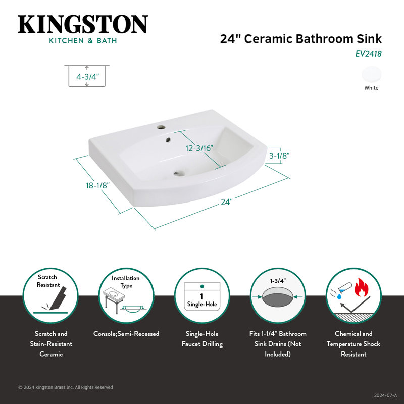 Kingston Brass Inflection 24-Inch Ceramic Bathroom Sink (1-Hole)