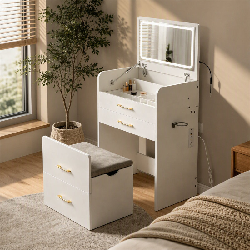 Meuble-lavabo 35 po 3-en-1 à surface de verre avec station de charge et miroir DEL, 3 tiroirs, tabouret rembourré pour l'application de maquillage de chambre à coucher