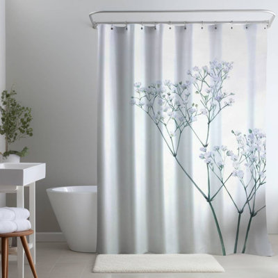 Bedroom Blue Botanical – Baby's-breath – Polyester Shower Curtain, Dye Sublimation Print, 71" W × 74" L