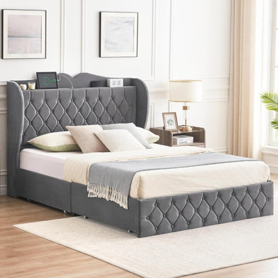 Full Szie Bed Frame With 4 Storage Drawers And Charging Station, Velvet Button Tufted Upholstered Platform Bed With Tall Headboard And Storage Shelf,W -  Red Barrel StudioÂ®, 6657EB4D7A4B4FA7819E611A010EBBF4