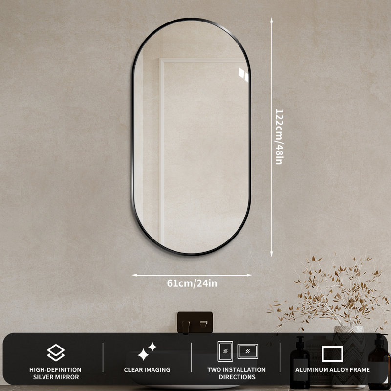 48" x 24" Matte Black Aluminum Frame Oval Wall Mounted Bathroom Vanity Mirror, High Definition Explosion-Proof Glass, Black