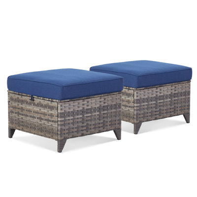 Outdoor Wicker Patio Ottomans Set - 2 Pieces Rattan Footrests With Thick Cushions (Set Of 2)