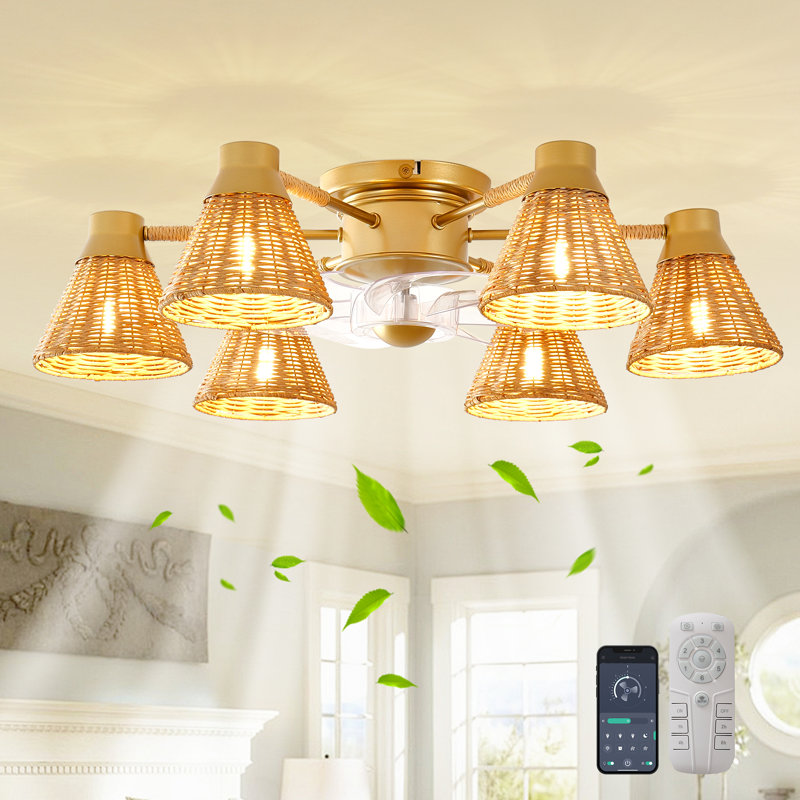 25.59" Boho Rattan Farmhouse Ceiling Fan With Light Kit And Remote