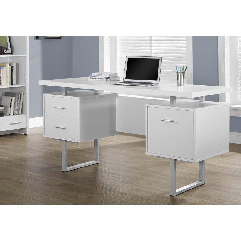 Jazarian Computer Desk, Home Office, Laptop, Left, Right Set-up, Storage Drawers, Work, White, 30" H x 60" W x 24" D, Chrome