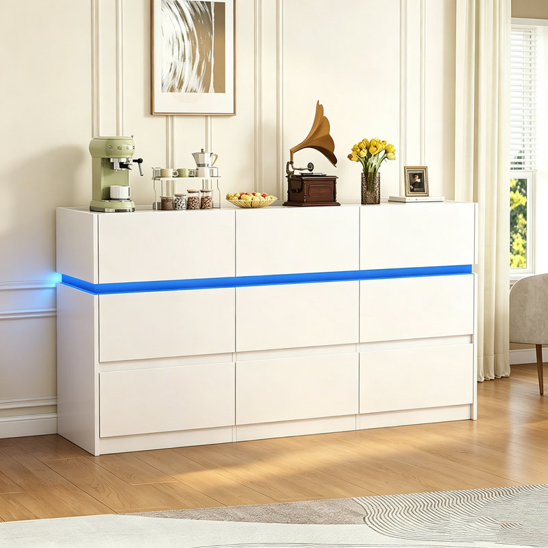 Commode 9 tiroirs avec lumières DEL et station de charge, Blanc