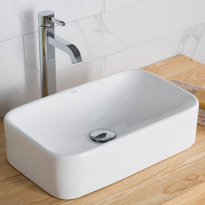 White Ceramic Rectangular Vessel Sink with Chrome Faucet