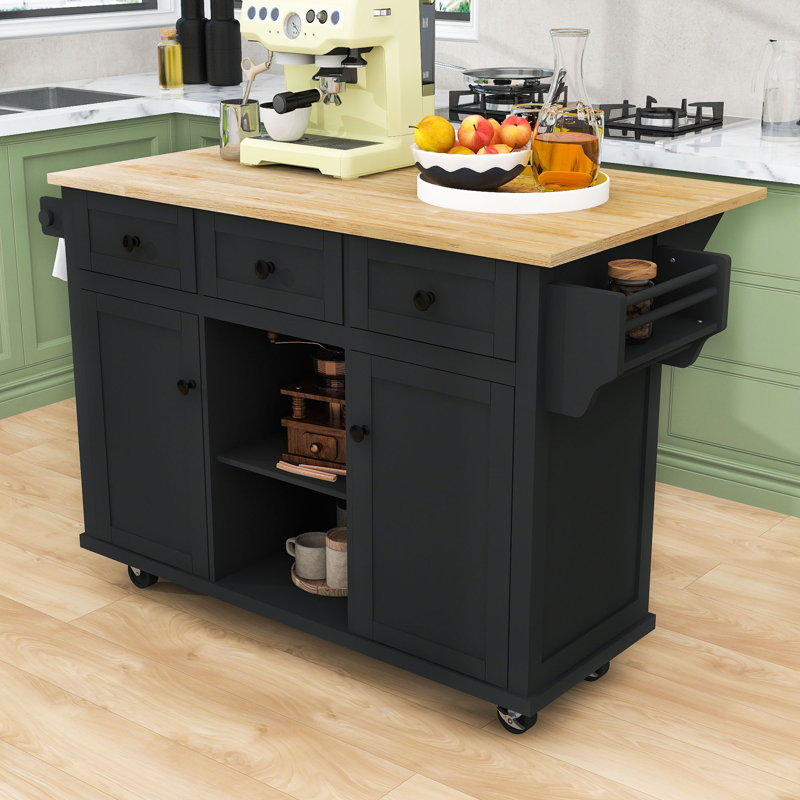 Modern Rolling Wooden Kitchen Cart with Storage Cabinets, Drawers and Drop-Leaf, Black