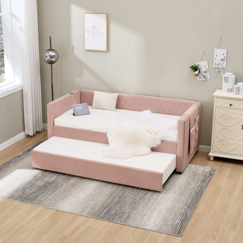 Modern Wooden Daybed with Storage Drawers, USB Ports, and Pushable Top Shelf for Bedroom or Living Room Use., Pink