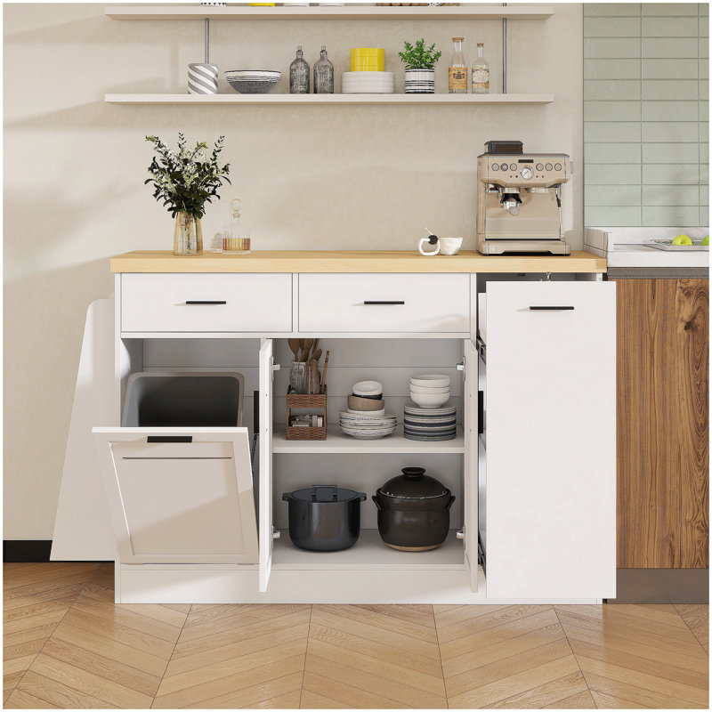 Buffet de rangement multifonctionnel, rangement pour poubelle, armoire à porte coulissante et support à épices à 3 niveaux, îlot de cuisine pour la cuisine et la salle à manger (blanc)