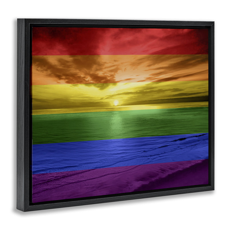 "Rainbow Sunset Beach", art mural encadré par Maggie Olsen, Cadre flottant noir de jais, H 25 po x l 31 po