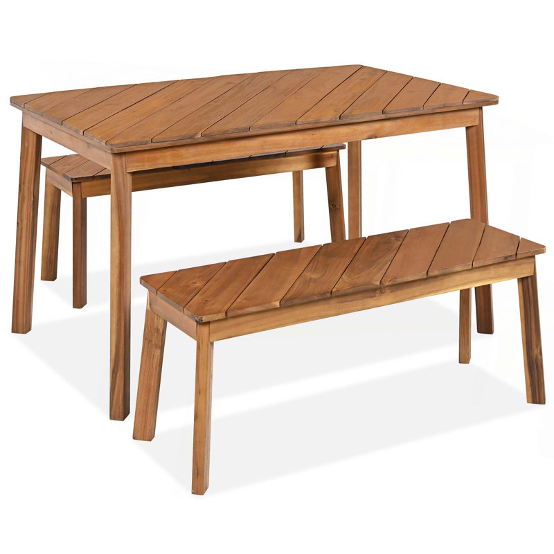 3 Pieces Acacia Wood Table Bench Dining Set For Outdoor & Indoor Furniture With 2 Benches, Picnic Beer Table for Patio, Porch, Garden, Poolside