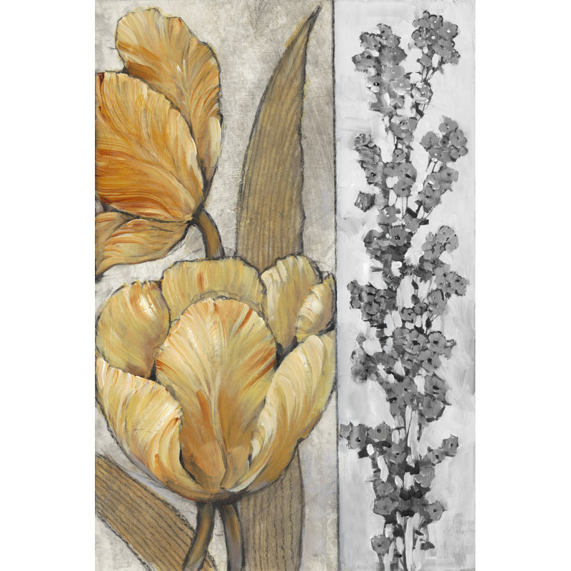 Ochre and Grey Tulips III by Timothy O' Toole - Painting, 46 cm H x 30 cm W, Black Floater Framed