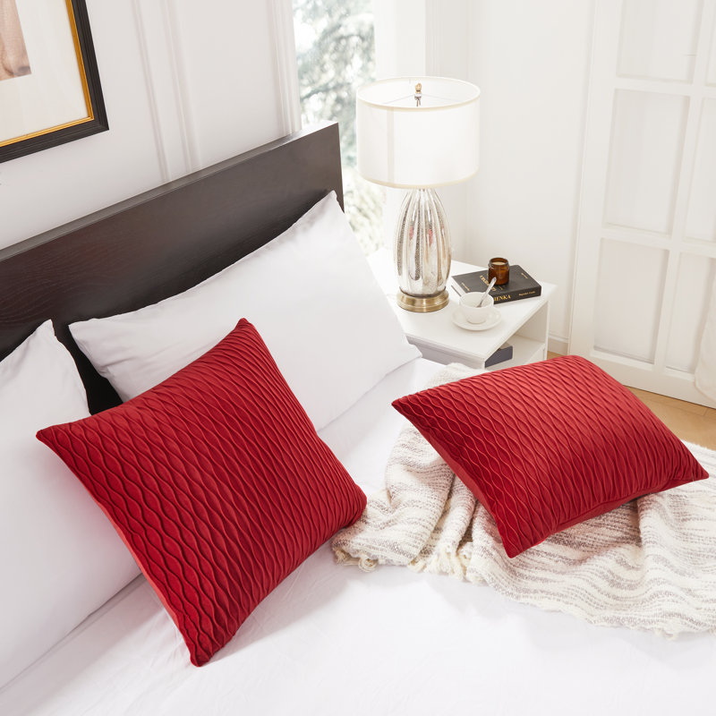 Striped Velvet Decor Soft Throw Pillow Covers With Wave Design（Set of 2）, 18"H x 18"W, Red