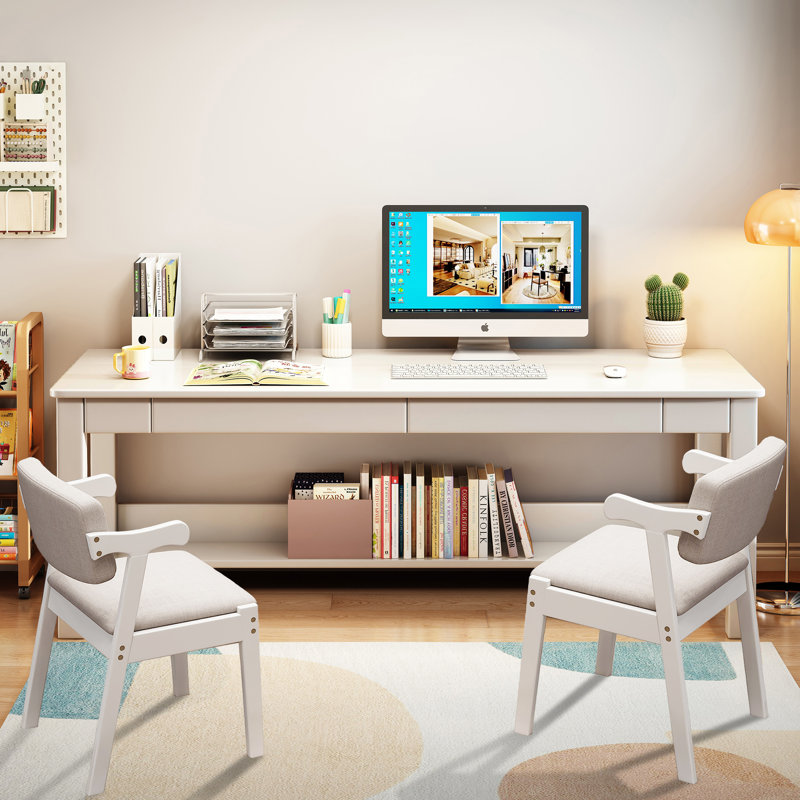 Solid Wood Kids Writing Desk Rectangular Learning Computer Table with 2 Chairs, White