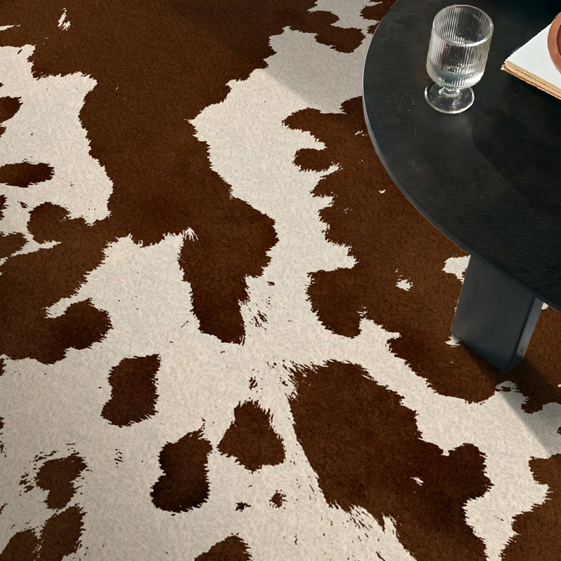 Terra Vintage Cow Print Machine Washable Beige / Brown Indoor Area Rug with Non-Slip Backing, Rectangle 8' x 10'