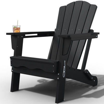 Black All-Weather HDPE Folding Adirondack Chair with Cup Holder for Patio & Garden