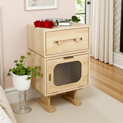 Natural Wood Look Side Table with Rotating Top, End Table with Frosted Glass Door & Drawer