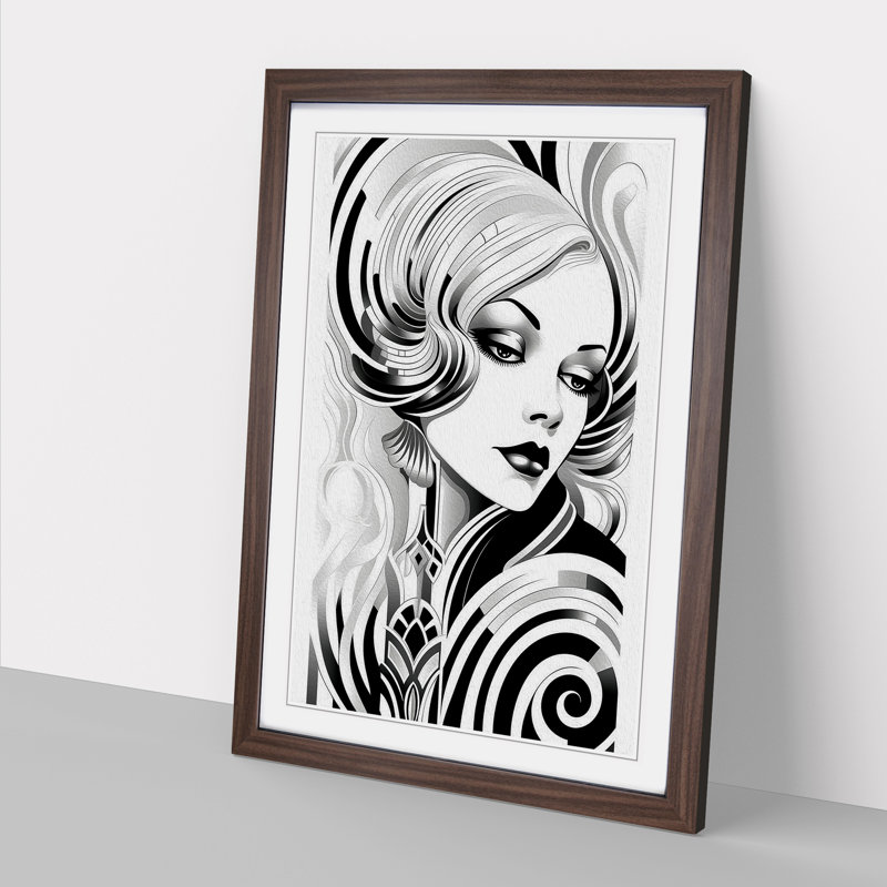 Art Deco Woman Line No.2 - Single Picture Frame Print on Wood, 34cm H x 25cm W x 2cm D, Walnut