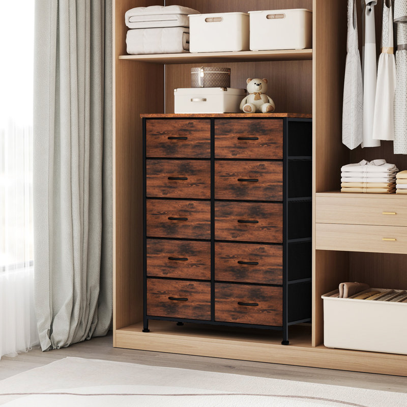 Commode en tissu à 10 tiroirs l 31,4 po avec plateau en bois et commode, Brun rustique