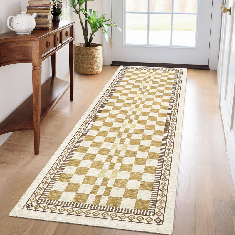 Tapis à carreaux lavables pour le salon et la salle à manger, Yellow, Runner 2' x 6'