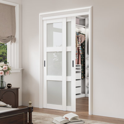 80" White Frosted Glasses Pantry Sliding Closet  Doors With Hardware & Handles