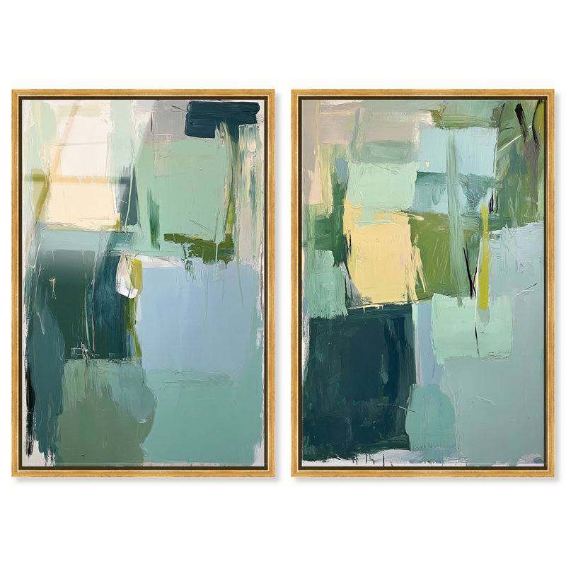 «Earthy Greens Duo», ensemble de décorations murales sauge à impression acrylique encadrées par Art Remedy, cadre doré, 30 x 45